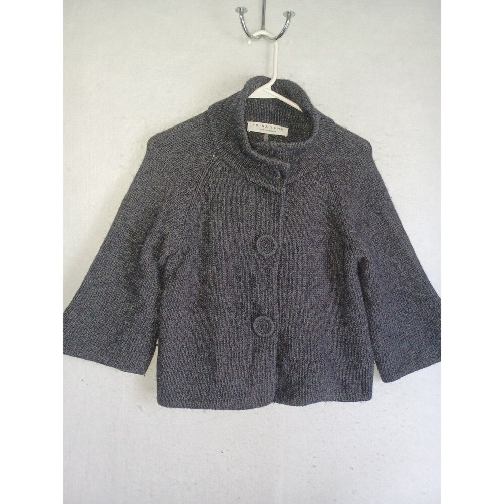 Trina Turk Gray 3/4 Sleeve Chunk Knit Cropped Sweater Cardigan Size M